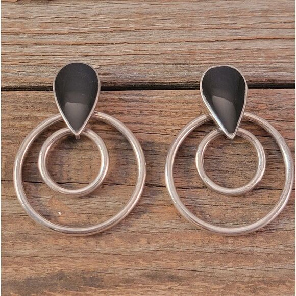 Vintage Sterling Onyx Double Hoop Earrings - Picture 2 of 7